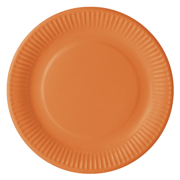 Pappteller aus Frischfaser. Farbig bedruckt mit Lack und ohne Kunststoffbeschichtung. Orange