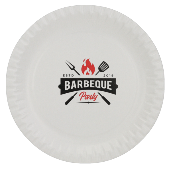 Pappteller aus Frischfaser. Farbig bedruckt mit Lack und ohne Kunststoffbeschichtung. Grill Motiv