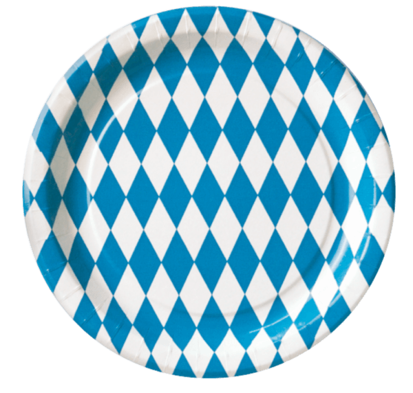 Pappteller aus Frischfaser. Farbig bedruckt mit Lack und ohne Kunststoffbeschichtung. Bavaria Motiv